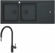 Franke Bali Double Bowl Sink with Right Hand Drainer and Verona Pull-Out Tap - Matt Black