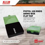 Mtm Pistol 100 Rnds Ammo Box Flip Top 380/9mm Cal Clear Green #p-100-9-16t