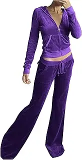 [Olivcker] Women Sweatshirt Velour 2 Piece Outfit Tracksuits Long Sleeve Zipper Hooded Jacket Wide Leg Pants Casual Y2K Suit A1-purple~lightning Deals of Today, L, A1-purple~lightning Deals of Today