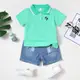 2pcs 服裝套裝 4-7 歲學童/綠色 Polo T 恤 + 牛仔短褲/兒童時尚百搭穿節日裝