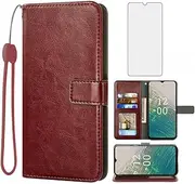 [Asuwish] Compatible with Nokia C32 Wallet Case Tempered Glass Screen Protector and Leather Flip Cover Card Holder Stand Cell Accessories Phone Cases for NokiaC32 C 32 Women Men Brown
