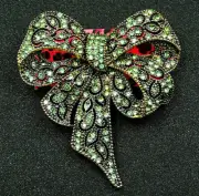 Big ELEGANT Sophisticated BOW Green Rhinestone Christmas Vintage Inspired Brooch