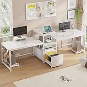 SEDETA 98" Home Office Desk, White Computer Desk with Letter/A4 File Drawer & Power Strip with USB, 2 Person Long Desk with Storage, Printer Shelf & Monitor Stand for Home Office, White