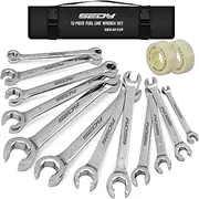 12-Piece Flare Nut Spanner Set with 2-Piece Teflon Tape, Metric & SAE Brake Line Wrench Offset 1/4"-7/8"& 9-21mm Set Double Open End with Organizer Pouch for Repairing and Removing Nuts (14 Pack)