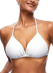 [TZLDN] Women's V Neck Halter Triangle Bikini Tops Tie Back Bathing Swimsuit Top Push up Padded Sexy Swimwear