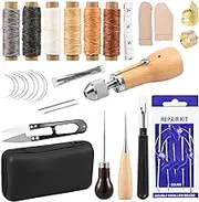 40PCS Sewing Awl Kit with Storage Bag Featuring Sewing Awl Large Eye Hand Sewing Needles, Rolled Wax Thread and Essential Tools Leather Sewing Kit for DIY Repair and Crafts