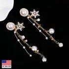 Women 925 Sterling Silver Crystal Zirconia Snowflakes Pearl Tassel Earrings 0734