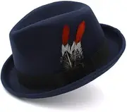 TX GIRL Winter Wide Brim Fedora Hat New Men's Jazz Hat Knight Wool Hat England Cap Autumn and Winter Casual Hat Black Fedora Hat Outdoor Travel (Color : Dark Blue, Size : 56-58cm)