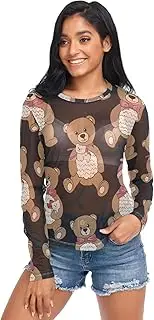 [RPLIFE] Cute Teddy Bears Black Mesh Shirt Long Sleeve, Party Long Sleeve Tops for Women S-XXL
