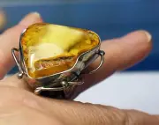 BOLD AMBER SILVER RING ADJUSTABLE UNIQUE RAW BALTIC AMBER IRREGULAR STONE RING