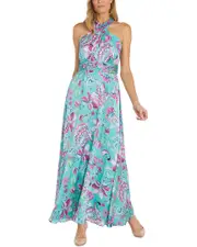 RM Richards Yoryu Satin Crossover Halter Maxi Dress