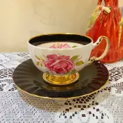Beautiful Aynsley Black Cabbage Rose Gilt Large Teacup Saucer Duo Brand New W/Bo
