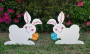 2 EASTER BUNNY RABBITS YARD ART DECORATION HANDMADE NEW