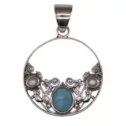 Fresh Water Pearl & Larimar Crescent Pendant Sterling Silver