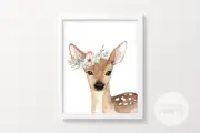 Nursery Print Boho Deer Floral Forest Animals Deer Cute Baby Girl