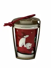Starbucks Ornament Holiday Dog With Boy On Sled 2011 Ceramic To-Go Cup Ornament