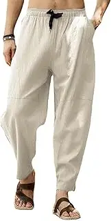 [Flyself] Mens Casual Cotton Linen Pants Summer Loose Baggy Harem Long Trousers Yoga Pants Pajamas Beach Pants Sweatpants with Pockets