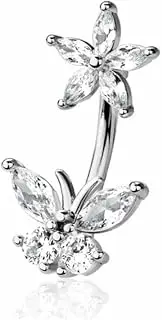 [Pierced Owl] 14GA 316L Stainless Steel CZ Crystal Flower and Butterfly Belly Button Ring