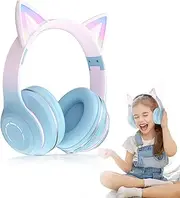 Cat Ears Wireless Earphone,Foldable Headphones with Kids Headphones, Soft Over Ear LED Light Music Headset,Adjust Headband,3.5mm Audio, Stereo Gaming Headset for Boys Girls Adults Gifts (Blue)