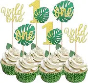 30 Pack Monstera Leaf One Cupcake Toppers Glitter Wild One Cupcake Picks Palm Leaves 1st Birthday Cake Decorations for Jungle Safari Theme Baby Shower Kids First Birthday Party Supplies