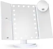Cozioz Vanity Makeup Mirror with Lights, 2X/3X/10X Magnification, Touch Control Trifold LED Lighted Mirror, Dual Power Supply, Portable Makeup Mirror, Perfect Present for Women (White)
