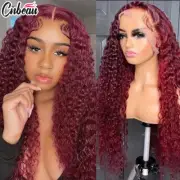 99J Burgundy 13x6 HD Deep Wave Lace Frontal Wigs Colored Curly Human Hair Wig Re