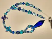 Beaded Suncatcher Rearview Mirror Ornament Cross Blue Crystal Prism Car Charm