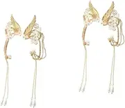 TEHAUX 2 Pairs Elegant Ear Clip Earrings for Women Girls Fashionable Pearl Tassel Ear Cuff Clips Set