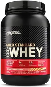 OPTIMUM NUTRITION Gold Standard 100% Whey Protein Powder, Strawberry Banana, 907g - [2024/2025 plastic neck band packaging may vary]