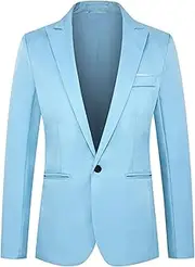 [Zylphorix] Men Single-Breasted Business Coat Notched Lapel Slim Fit Casual Blazer Spring Elegant Long Sleeve Outerwear, Sky Blue 1, Large
