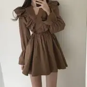 Puff-Sleeve V-Neck Plain Ruffle Mini A-Line Dress HS990 - Coffee - S