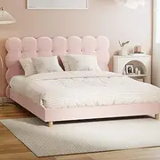 Oikiture Bed Frame Queen Bed with Tufted BedHead and Boucle Fabric Mattress Platform Pink