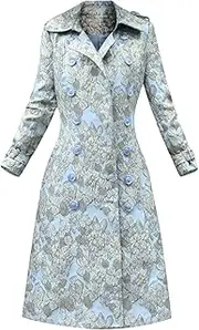 [Generic] Women Jacquard Coat Double Breasted Long Coat Jacket Turn-Down Collar England Style Trench