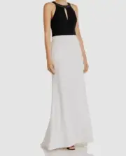 $395 Aidan Mattox Women's White Color-Blocked Beaded Keyhole Gown Dress Size 16
