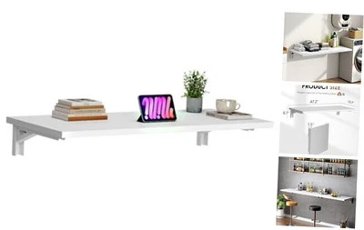 Fold Wall Mounted L47.2" * W20" White Desktop & White Folding Shelf Brackets