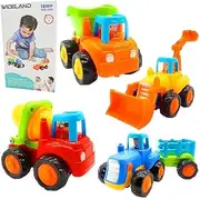 Friction Powered Cars Push and Go Toy Trucks Construction Vehicles Toys Set for 1-3 Year Old Baby Toddlers- Dump Truck Cement Mixer Bulldozer Tractor Early Educational Cartoon ( Set of 4)