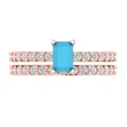 1.41ct Emerald Round Cut Turquoise Stone Promise Bridal Band set 14k Rose Gold