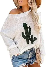 [We'R House] Cactus Print Pullovers Women's Loose Long Sleeve Crew Neck Color-Block Knit Sweater Oversized Ripped Pullover Sheer Jumpers Tops,White,L