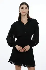 Jersey And Georgette Mix Pleated Mini Shirt Dress