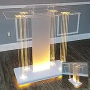 Church Pulpit Acrylic Podium LED Speech Podium with Wide Reading Surface, Pulpits Lectern for Churches with Casters for Event Reception School