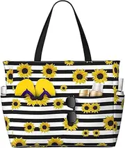 [Ghjkfbf] Stylish Sunflowers Print Large Capacity Beach Travel Bag For Family, Beach Tote Bag For Women With Zipper Pockets, Black, One Size