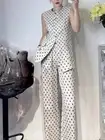 Summer Womens Linen Fashion Point Linen Suit Vest Wide Leg Pants Two Piece Sets