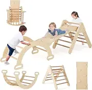 HONEY JOY 7 in 1 Kids Triangle Climbing Toys Set, Toddler Wooden Climber Gym Arch Rocking Playset w/Reversible Ramp for Sliding, Indoor Home Natural Climbing Ladder Set for Boys Girls