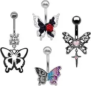 [SKWX] Stainless Steel Belly Piercing Jewelry For Women 4pcs Butterfly Belly Rings Fashion Dangle Body Jewelry Cubic Zirconia Navel Ring, Metal, cubic-zirconia