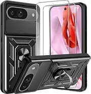 [CONAPIKA] Case for Google Pixel 9/Pixel 9 PRO, 360 Full Body Protective Cover [Rotating Magnetic Car Bracket][Camera Protection Sliding Cover] Hybrid Soft TPU+Hard PC Case with 2 Tempered Glass,Black