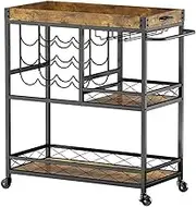 Trolley on Wheels Bar Cart, 3 Tier Drink Cart with 12 Wine Bottle Racks,for Kitchen Dining Living Room, Removable Top Tray Trolley