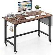 Giantex Mobile Computer Desk, 120cm Home Office Desk w/Storage Bag & 2 Headphone Hooks, Computer Workstation w/Lockable Wheels, Rolling Writing Study Desk for Study, Bedroom (Black + Rustic Brown)