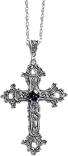 [colobublie] Gothic Cross Pendant Necklace Antiqued Silver Goth Punk Holy Cross Carved Flower Chic Black Crystal Rhinestone Christian Large Chain Necklace for Women Men Y2K Halloween Party Fashion Jewelry Gifts