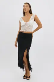 Black Maxi Skirt High Rise Ruffled Slit Frill Hem Mesh - Size 16XL, Women's Bodycon Skirt
