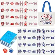 Hollowfly 65 Tiles 30 mm 4th of July Mahjong Block Set with Storage Bags 2 Player Plastic Mahjong Push Tile Game Pattern No DIY Required for Friend Family Party Gift(Red, Blue, White)